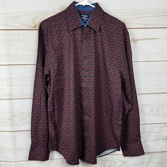 Society of Threads Red Floral Print Stretch Long Sleeve Button Up Size Medium - Picture 2 of 9